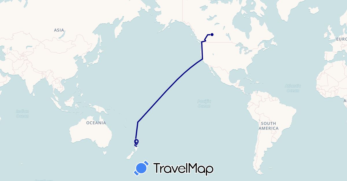 TravelMap itinerary: driving in Canada, Fiji, New Zealand, United States (North America, Oceania)